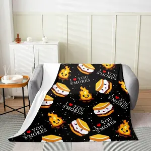 Feelyou S'Mores Flannel Fleece Throw Blanket - Marshmallow Cookie Plush, Cartoon Camping Fuzzy, Camper Black Comfy Bedroom Blanket with Casual Soft Cartoon Pattern, Decorative Giftable, Comfy Blankets