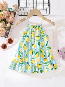 Summer New Girl's Fresh Lemon Striped Halter Dress, Lightweight Breathable Ruffle Dress, Essential for Vacation Picnic Streetwear