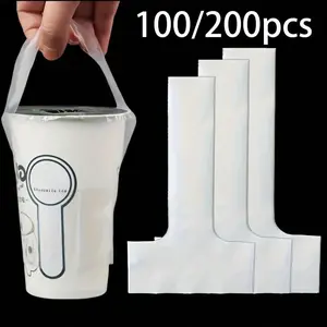 100/200 T-Type Milk Tea Takeout Bags, Portable Drink Cup Holder, Transparent Plastic Sleeve with Handle, Ideal for Coffee, Juice, Water, Tea