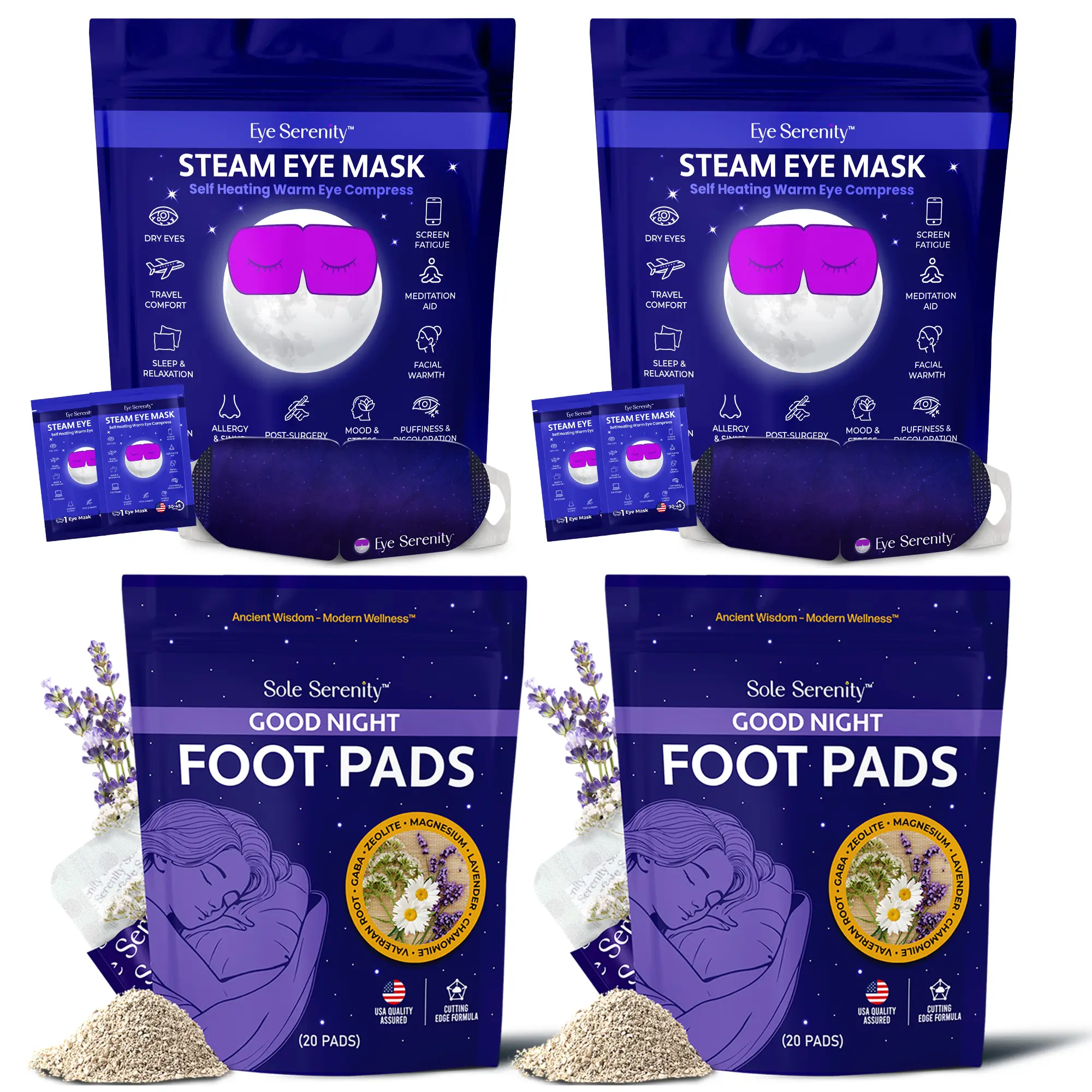 Sole Serenity Good Night Foot Pads plus Eye Serenity Self-Heating Eye Mask Warm Steam Eye Compress Bundle for Relaxation, Dry & Puffy Eyes (4 Pack, 2 of Each)