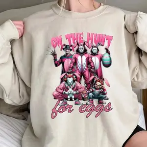 On The Hunt For Eggs Sweatshirt, Funny Easter Horror Hoodie, Horror Character Movie Easter Shirt, Unisex Sweater Pullover Tee
