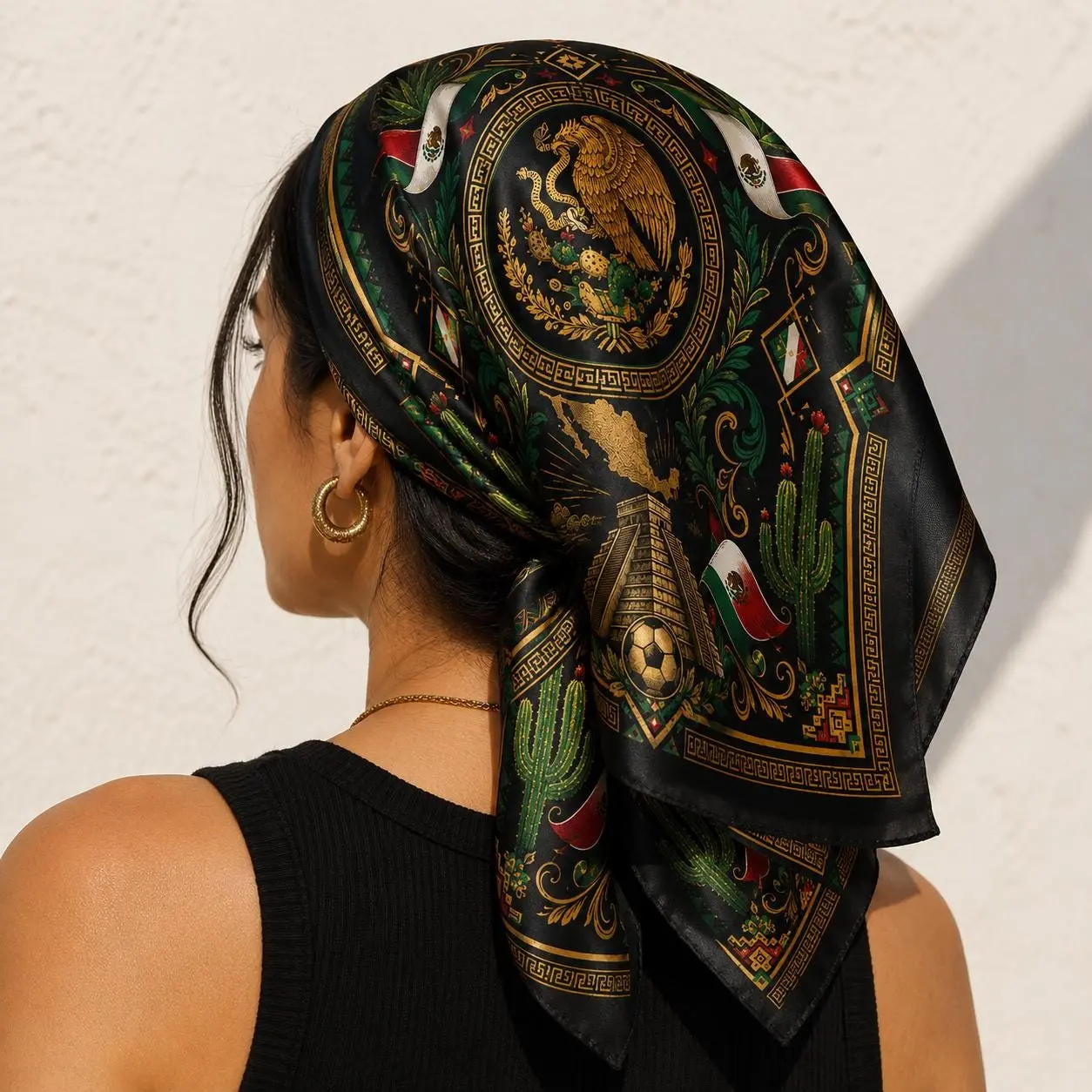 Mexican bandana headscarves, Mexican eagle and Chichen Itza motifs, green, white, and red football fan accessories, match day gifts.