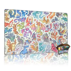 Kawaii Rainbow Dragons Playmat for Mtg, 24x14 Inch Tcg & Board Game Mat, Colorful Cartoon Beast & Crystal Art Mousepad Desk Mat