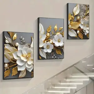 3pcs Set Optional wooden frame light luxury Floral 3D gold foil flower pattern art background wall canvas decoration frame home decoration poster, holiday gift mural