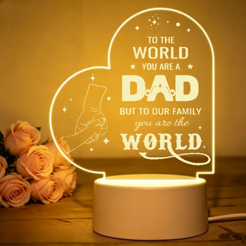 Acrylic LED Night Light Dad Gift from Son Daughter Heart Hand In Hand Engraved, Warm Bedside Decor Lamp for Father's Day Birthday Christmas Thanksgiving