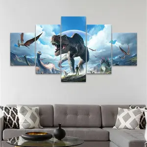 Fantasy World Of Humans and Dinosaurs Pattern Unframed Painting, Unframed Wall Art, 5 Counts Canvas Posters, Wall, Fashion Home Poster, Perfect Living Room Decor, Bedroom, Office, Corridor, Ornaments