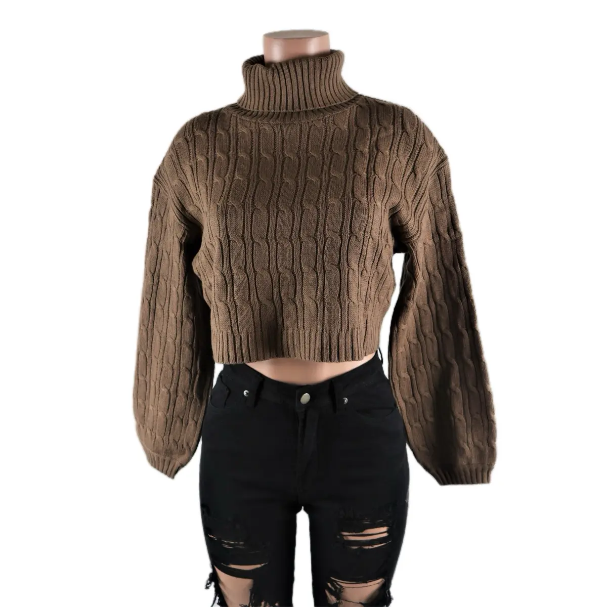 Turtleneck Crop Sweater Long Sleeve Knitwear Basic Cotton