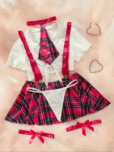Co-ord sets for women Sexy Preppy Cosplay Set for Women, Plaid Pleated Skirt & Solid Color Short Top, Fitted All-Season, Ideal for Students