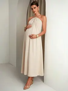 MaterniChic Maternity Clothes Maternity  Dress Summer Pregnant Clothes Apricot-Colored Dress With Halter Neck And Metal Buckle; Comfortable And Elegant Maternity Summer Elegant Halter Backless Dress