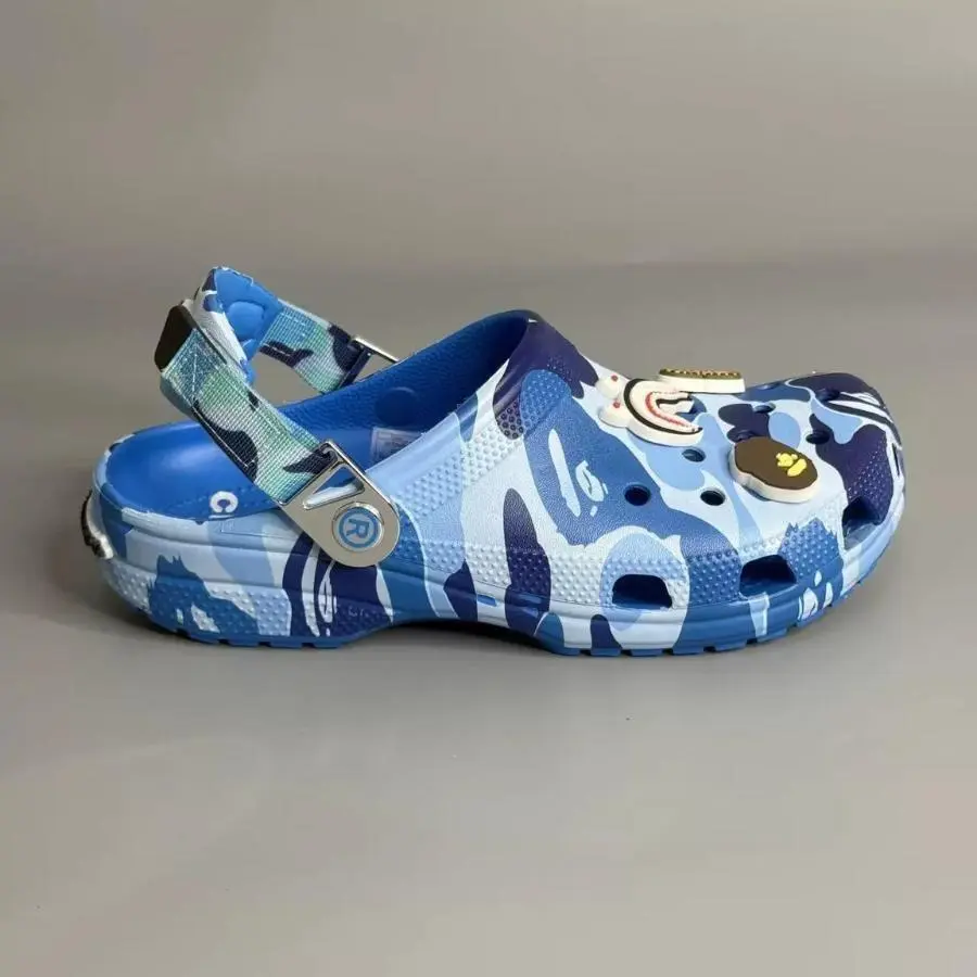 Trendy Blue Camo Slip-On Clogs – Unisex Street Style Mules with Soft EVA Foam, Adjustable Back Strap, and Breathable Vent Design