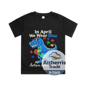 Funny T Rex with Puzzle Autistic Autism Awareness Boys Cotton T-shirt, Graphic Print Round Neck Short Sleeve Casual Tee for Boys Girls