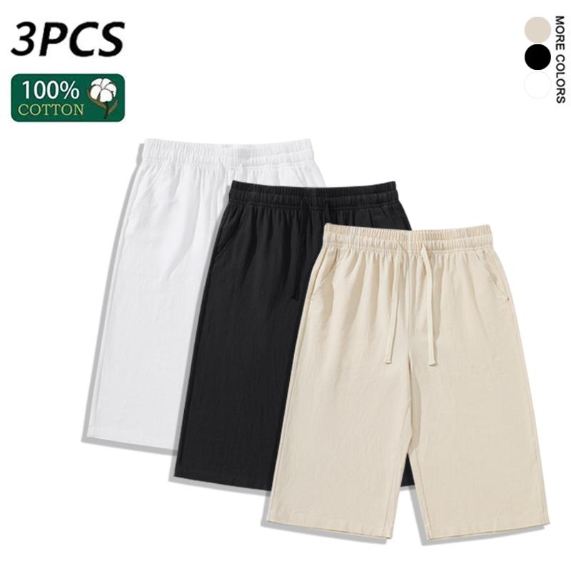 3-Pack Men’s Linen-Cotton Cropped Pants, Loose Fit, Elastic Waist, Drawstring, Breathable Summer 3/4 Shorts
