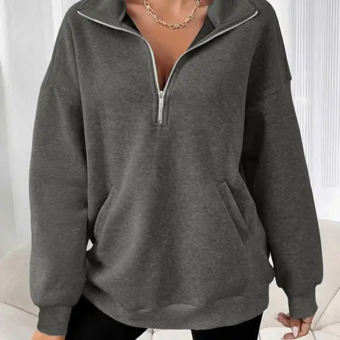 Plus Size Women's Zipper Solid Color Loose Pullover Cozy Sweatshirt, Casual Basic Long Sleeve Drop Shoulder Top, Fall & Winter Fashion, Womenswear