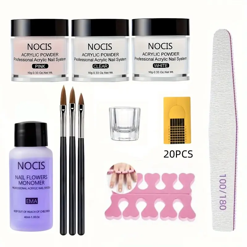 Nocis 3 Colors Acrylic Powder Nail Art Kit with Liquid Brush Tools Set for Beginners Extension Carving Nail Extensions Nail Design Kit
