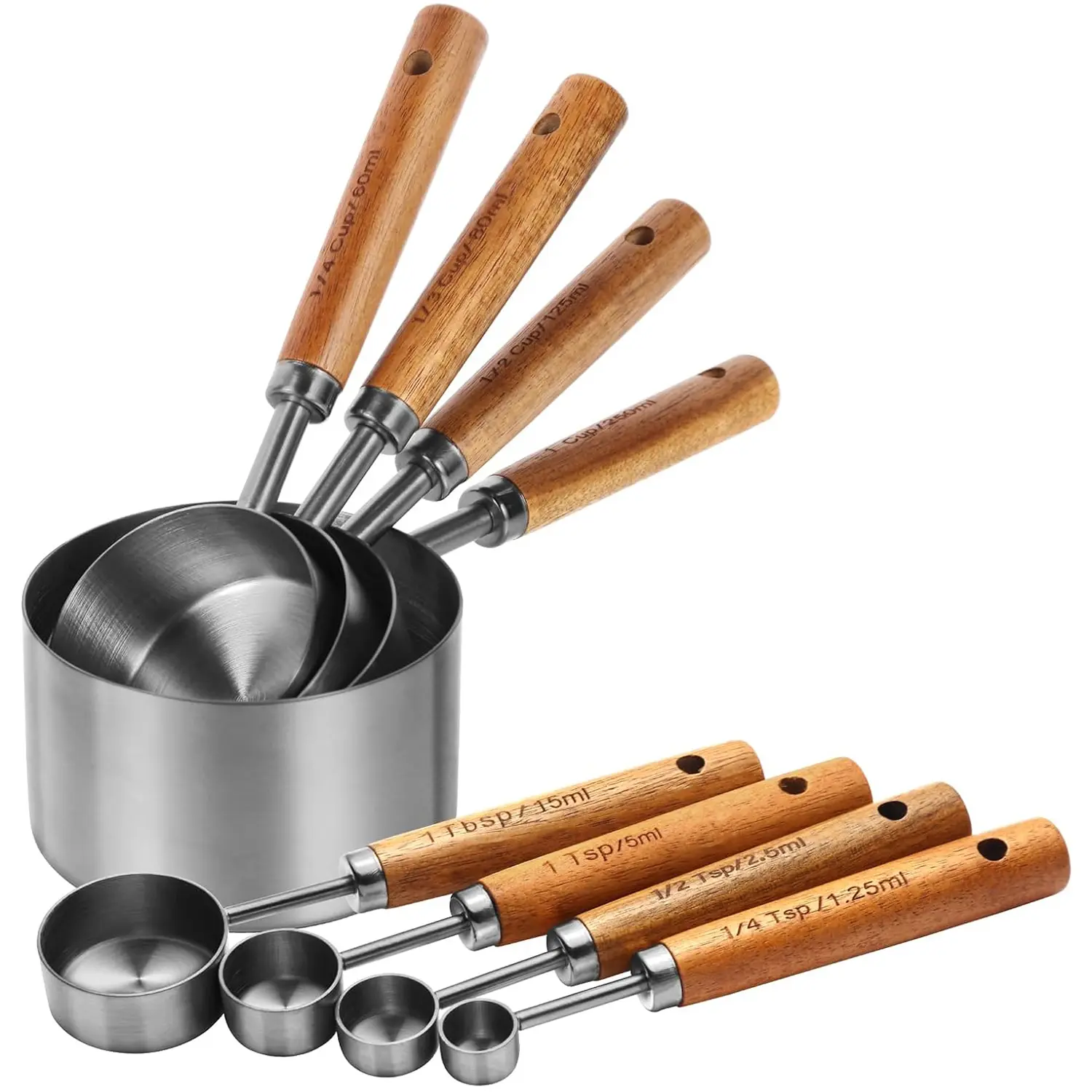 8-Piece Stainless Steel Measuring Cups & Spoons Set with Wooden Handles ...