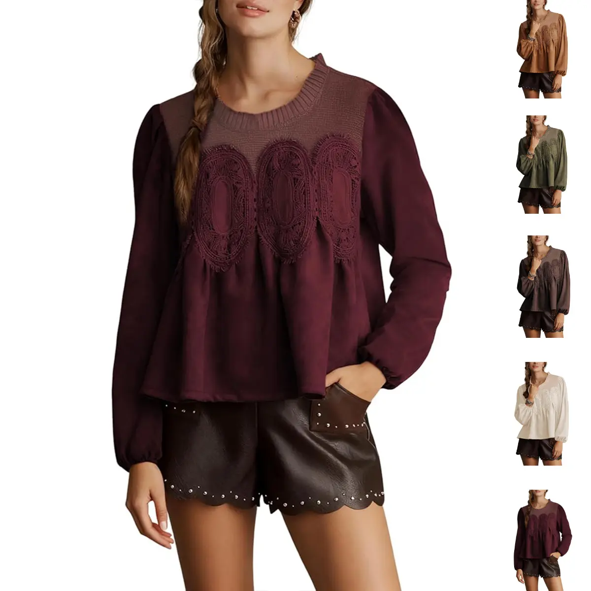 Ommig Women's Faux Suede Peplum Babydoll Blouse Shirts - Long Puff Sleeves, Round Neck, Lace Poplin Mesh Patchwork, Flared Swing Design, Casual Elegant Fit for Thanksgiving, Easter, Layering Outfits, Valentines Day, Balloon Sleeve, Wardrobe Staples, Fashi