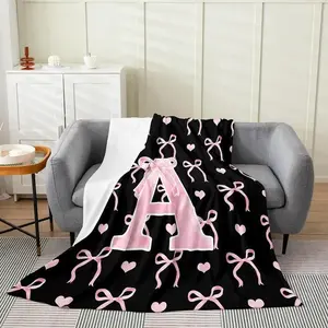 Monogram initial letter (A–Z) flannel blanket throw, black and pink alphabet blanket, customized letter gifts for women and young girls, personalized soft blanket for bedroom bedding and office decoration, available in various sizes