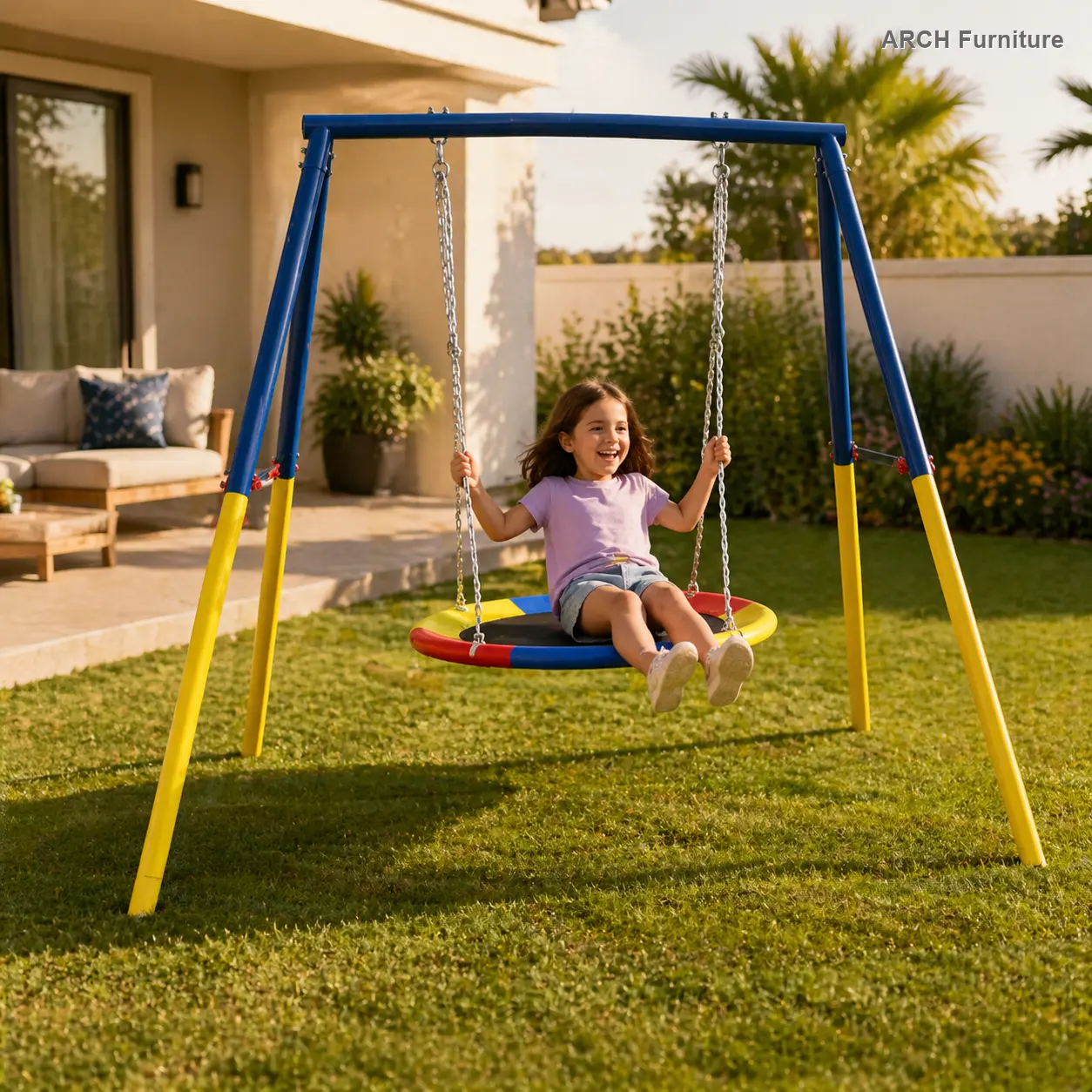 ARCH Flying Saucer Swing Set with Heavy-Duty A-Frame Full Steel Metal Swing Stand, Adult-Kid Friendly, 440 lbs Capacity, Indoor or Outdoors for Kids’ Backyard Playground