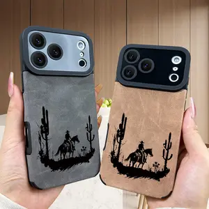 Western cowboy riding a horse with a desert cactus pattern. Made of faux leather for drop protection and slip resistance, TPU for scratch and dirt resistance. Faux suede phone case suitable for iPhone 17, 16, 15, 14, 13, 12, 11, XS, X series, etc.