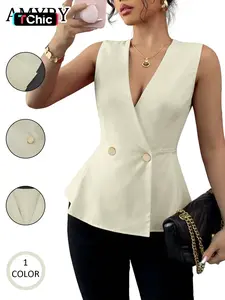 Women's V-Neck Sleeveless Vest Top, French Style Ruffle Design, Spring & Fall Fashion, Elegant Slimming Outerwear