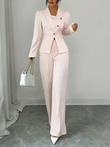 Women's Two-Piece Set Autumn Winter Casual Elegant Solid Color Suit Jacket Long Sleeve Slim Fit Button Front Top & Wide Leg Pants M2642