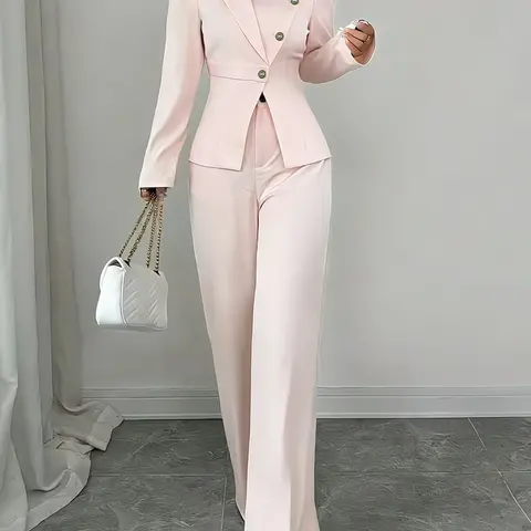 Women's Two-Piece Set Outfit Formal Blazer Pants Autumn Winter Casual Elegant Chic Minimalist Solid Color Suit Jacket Long Sleeve Slim Fit Button Front Top & Wide Leg Pants Blazer Trouser M2642