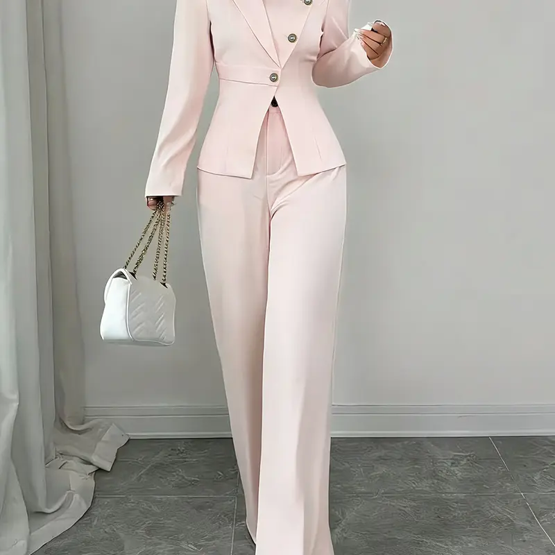 Women's Two-Piece Set Outfit Formal Blazer Pants Autumn Winter Casual Elegant Chic Minimalist Solid Color Suit Jacket Long Sleeve Slim Fit Button Front Top & Wide Leg Pants Blazer Trouser M2642