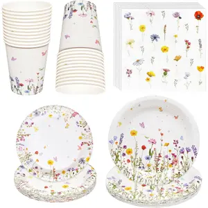 96Pcs Wildflowers Party Decorations Disposable Paper Plates Napkins Cups Spring Floral Tableware Set for Spring Summer Picnic Tea Party Baby Shower Birthday Serve 24 Guests