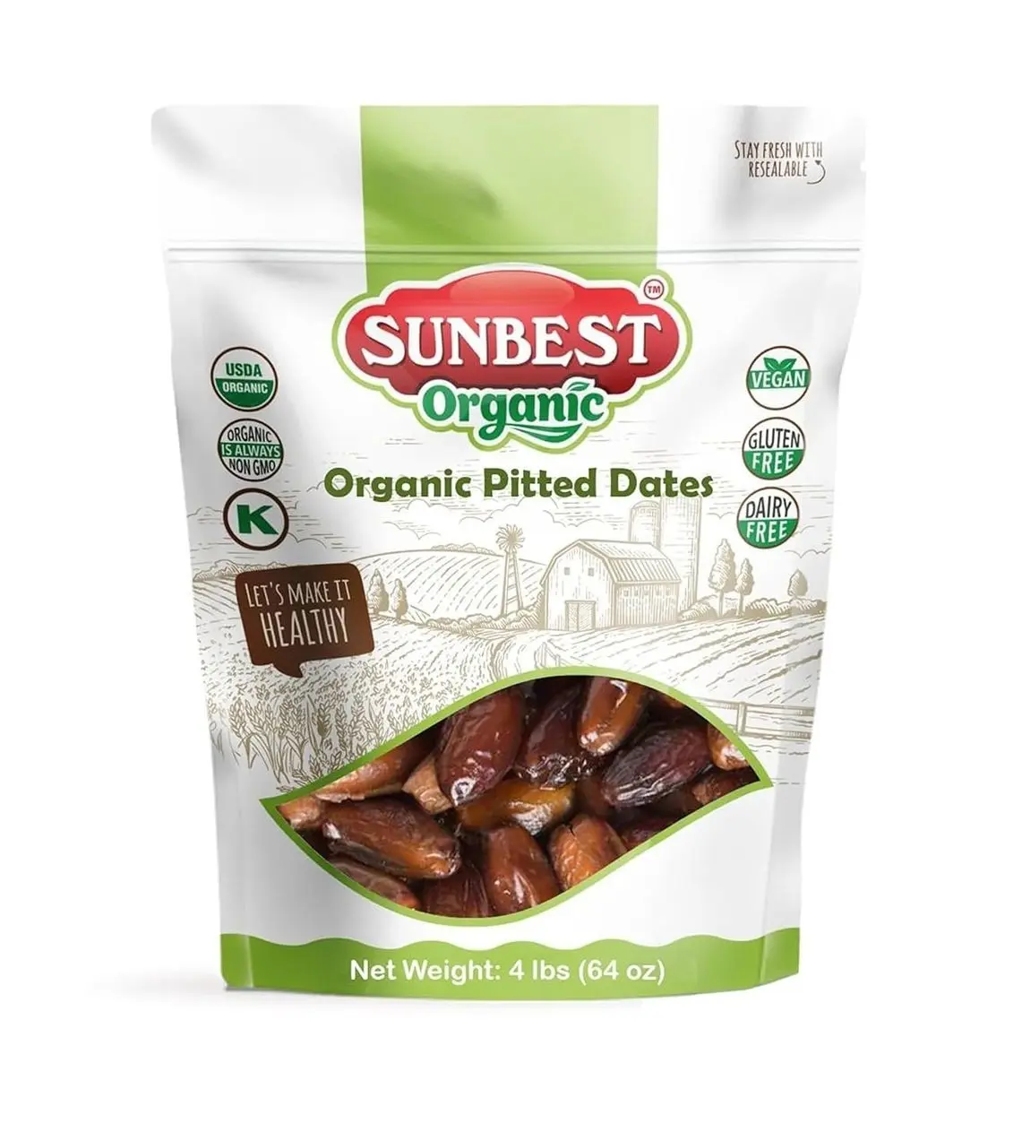 Sunbest Natural Deglet Noor Organic Dates, 4 lbs – Pitted & Whole – Bulk Dried Fruit Snack For Kids & Adults – Naturally Sweet For Baking & Cooking – Chewy, Fiber Rich, Kosher & No Sugar Added (64 oz)