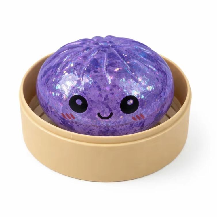 Glitter Smiling Dumpling Squishy with Steamer Box – Maltose Texture Soft TPR Fidget Toy for Kids & Adults, Cute Emoji Squeeze Ball, Ideal for Stress Relief & Gifting