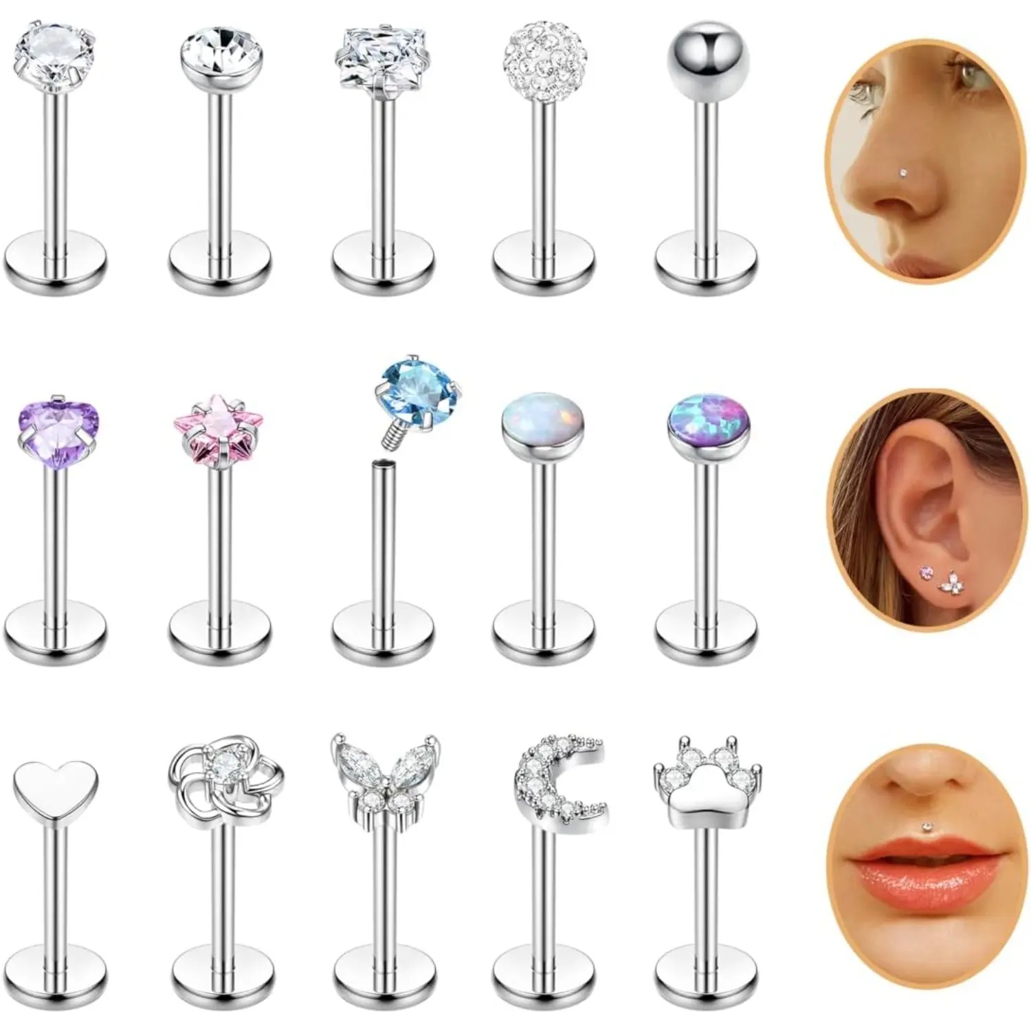 15PCS 18G Stainless Steel Lip Studs for Women Internally Threaded Labret Lip Ring CZ Opal Flat Back Nose Rings Stud Cartilage Helix Tragus Earrings Piercing Cubic Zirconia