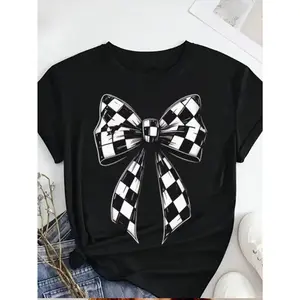 Women's 100% Cotton Round Neck T-Shirt - Black Casual Short Sleeve Tee with White Checkered Bow Print, Machine Washable Spring Summer Fall Top for Mother's Day, Memorial Day, Juneteenth