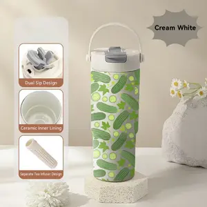 PIKPAKA Pickle-Themed Design Pattern Vacuum Flasks 700ml Ceramic Lined Tumbler with Tea Infuser & Hidden Straw, Vacuum Insulated Travel Mug with Handle, Long Cold Retention Water Bottle, Holiday Gift for Christmas, Birthday & Mother's Day