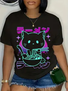 100% Cotton Anime Ramen Cat Retro Japanese Noodles Aesthetic Kawaii cat T-Shirt
