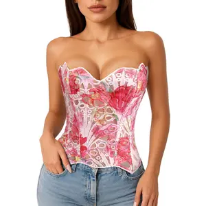 JASGOOD Corset Top for Women Sexy Textured Sheer Floral Lace Bustier Cincher Lace-up Corset Halloween Overbust Top