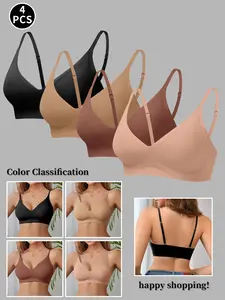 4PCS  Women's Solid Wireless Bra Set, Comfortable Removable Pads, Medium Support, Fitted Design, All Seasons Wear, Casual Style
