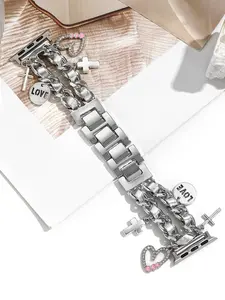 Women's Shiny Leather Chain Metal Watch Band, Compatible with Apple Watch 38-49mm, Heart Pendant, Adjustable Summer Strap, Smartwatch Accessory