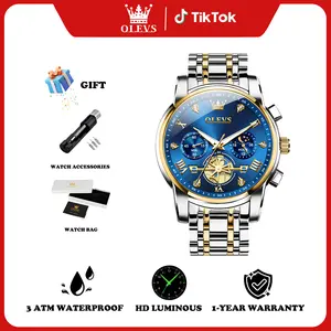 OLEVS Watches Men Waterproof Luxury Big Face Mens Watch Stainless Steel Quartz Analog Dress Watches for Men Luminous Multifunction Man Watch Relojes De Hombre