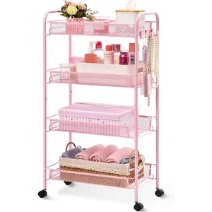 4 Tier Rolling Utility Cart - Durable Metal Design Pink Utility Cart, Storage Trolley on Wheels with 3 Hooks, Perfect for Kitchen, Bathroom & Laundry Room Organization
