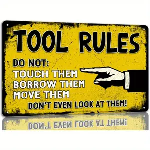 2D Flat Vintage "Tool Rules" Metal Sign - 20.32x 30.48cm Garage, Workshop, and Studio Wall Decoration Vintage Garage Signs| Durable iron, bright yellow background with black text| for room or space decoration, workshop decoration| Vintage Style Sign