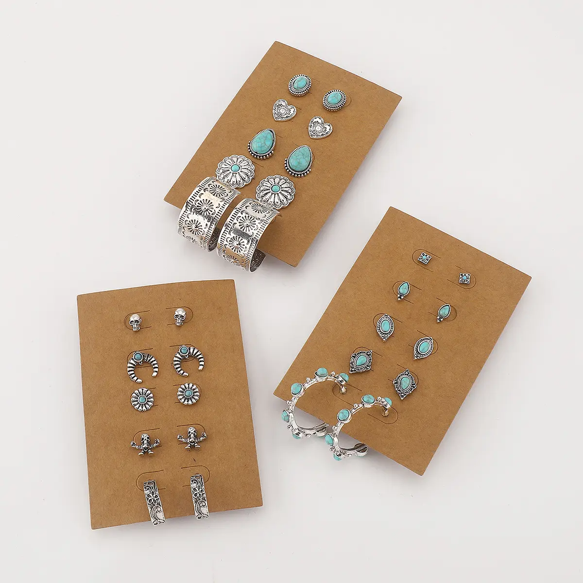 Western Cowgirl Earring Sets for Women, 3-Pack Boho Faux Turquoise and Antique Silver Stud & Hoop Earrings, Lightweight Anti-Tarnish Jewelry, Anti-Tarnish Coating, Boho Western Earrings