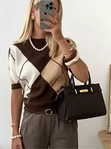 Women's Brown Argyle Color Block Knit Top, Casual Preppy Round Neck Short Sleeve Sweater for Fall, Fashion Women's Geometric Knitwear for Daily Wear, Womenswear