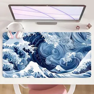 [Mouse Desk Pad] Non-Slip Mouse Pad Large Gaming Mouse Pad With Rubber Base & Stitched Edge Japanese Wave Blue Ocean Art Design Desk Top Protector Mat For Home & Office Use Holiday Gift Idea