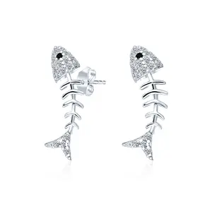 Nautical Beach Vacation CZ Stud Earrings Fishbone Design in Sterling Silver
