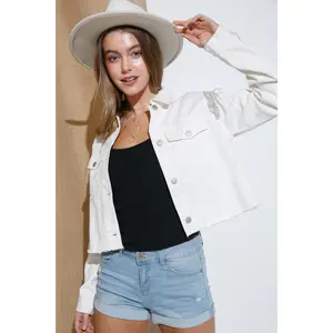 Twill Rhinestone Fringe Shoulder Crop Frayed Denim Jacket