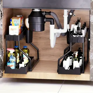 2pcs Under Sink Organizer with Sliding Shelves MultiPurpose Black Plastic Storage Basket for Bathroom And Kitchen Cabinet Durable Metal Construction Bathroom Organizer