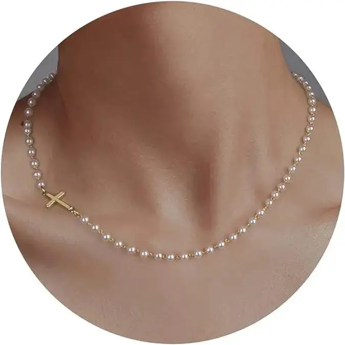 Cross Pendant Choker Necklace Dainty Tiny Cross Women Girls Christmas Gift All-match Exquisite Jewelry Pearls 2inch Extension Chain Blackfriday Christmas Gift dark aesthetic Magnetic Copper for therapy random men first Stainless Charm men's