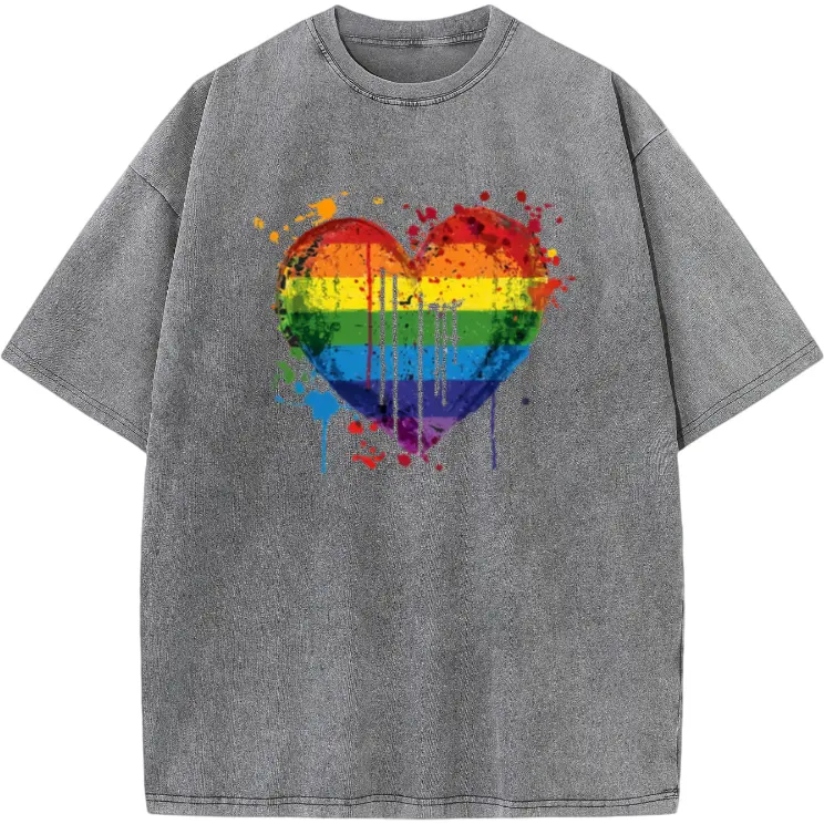G500 Washed T-Shirt Featuring Rainbow Heart Paint Splatter – Unisex Summer Tee 2026 with Comfortable Fit and Short Sleeves