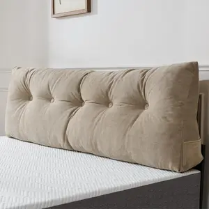 Wedge Pillow Headboard with Removable Cover - Triangular Reading Backrest for Bed with Side Pockets, Perfect for Reading & TV (Beige Full Size, 54x8x20 Inches)