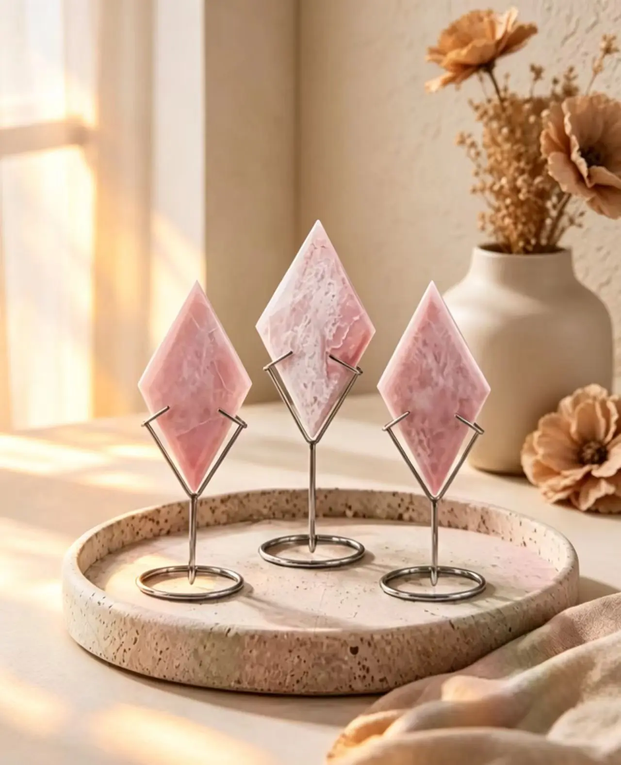 Elegant Diamond-·Cut Pink pink natural crysta with  Metal Display Stand - Healing Decor